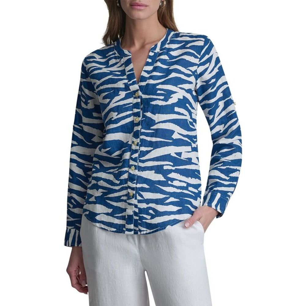 Dkny Womens Printed Linen Roll Tab Shirt, Blue